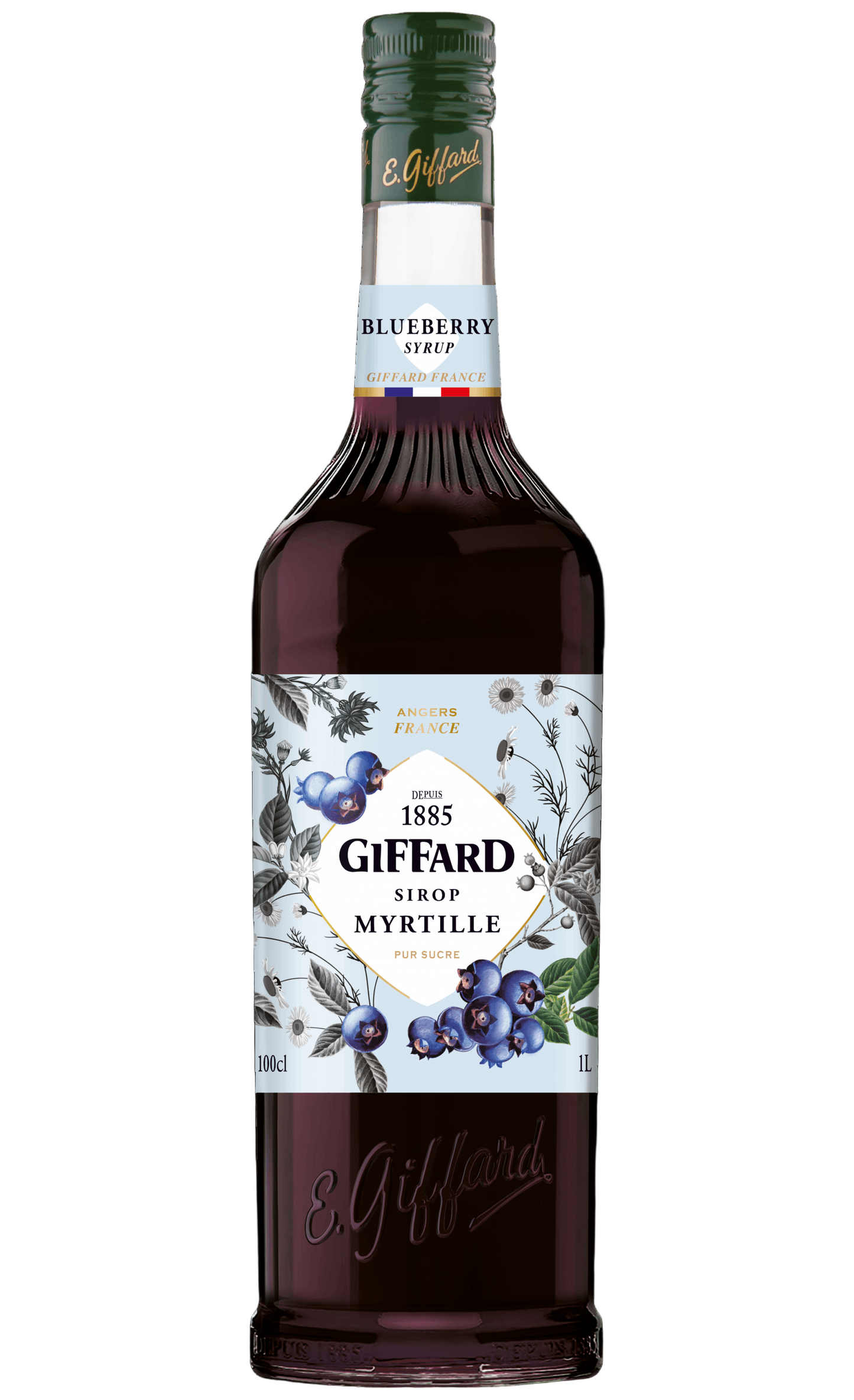 Bottle of Giffard Blueberry syrup on a white background