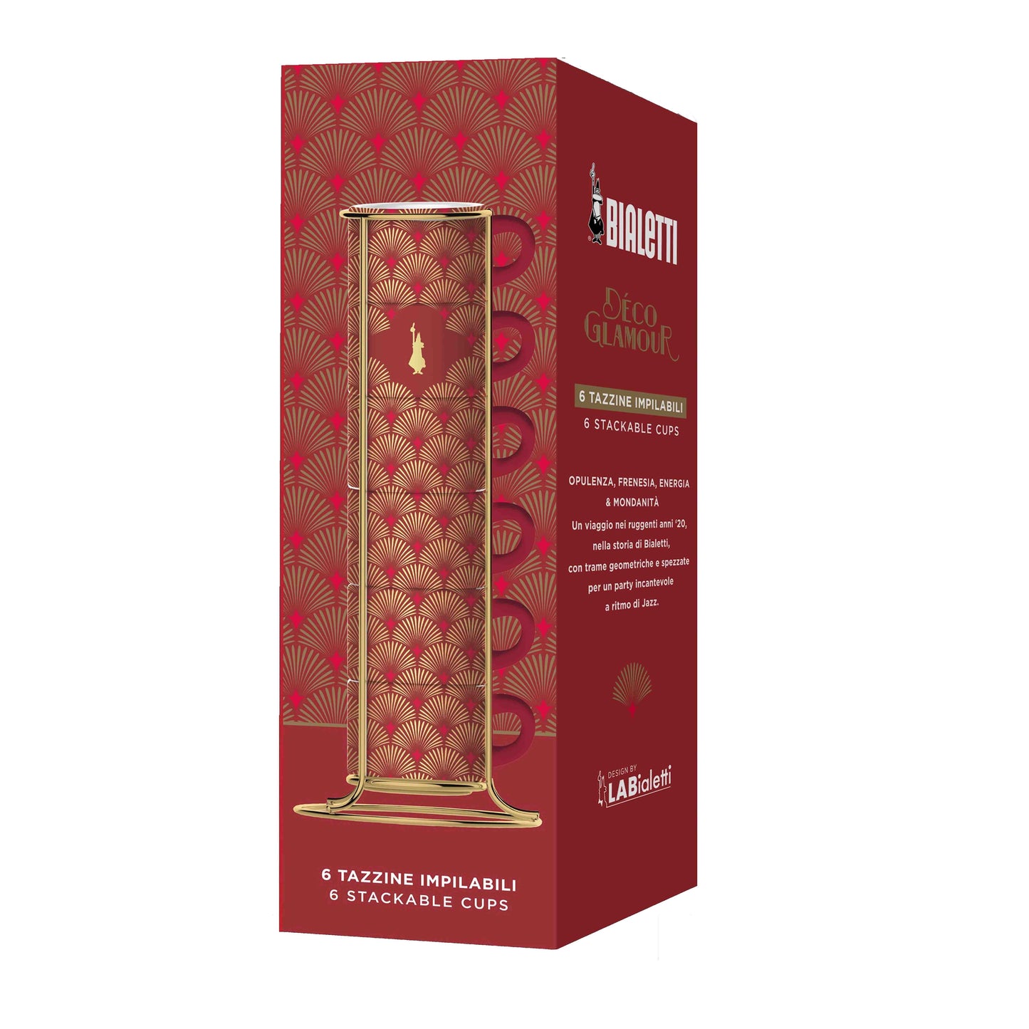 Set of 6 90 ml porcelain espresso cups with metal stand BIALETTI Red Deco Glamour