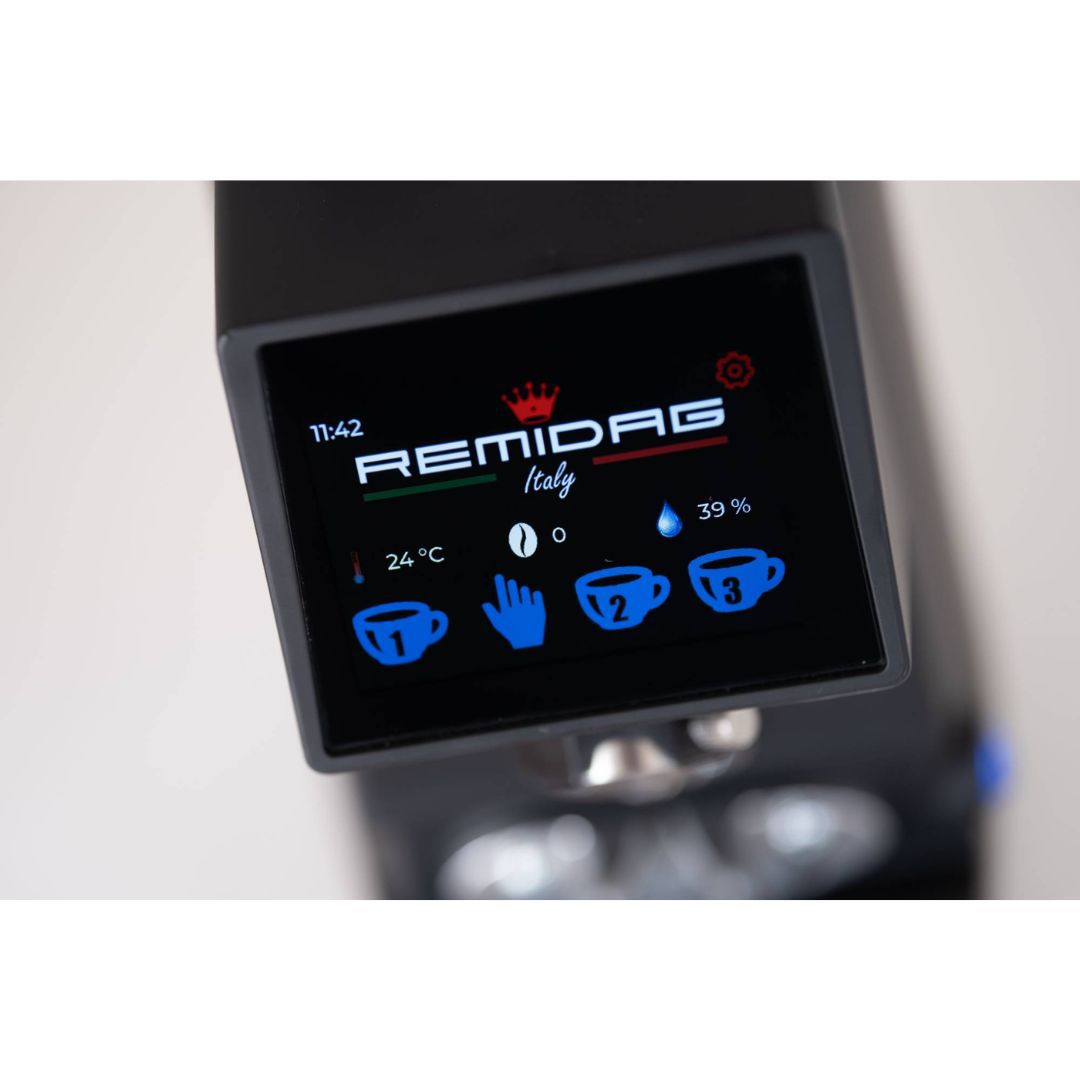 مطحنة قهوة احترافية Remidag ON DEMAND mst 64P EV تعمل باللمس بالكامل باللون الأسود