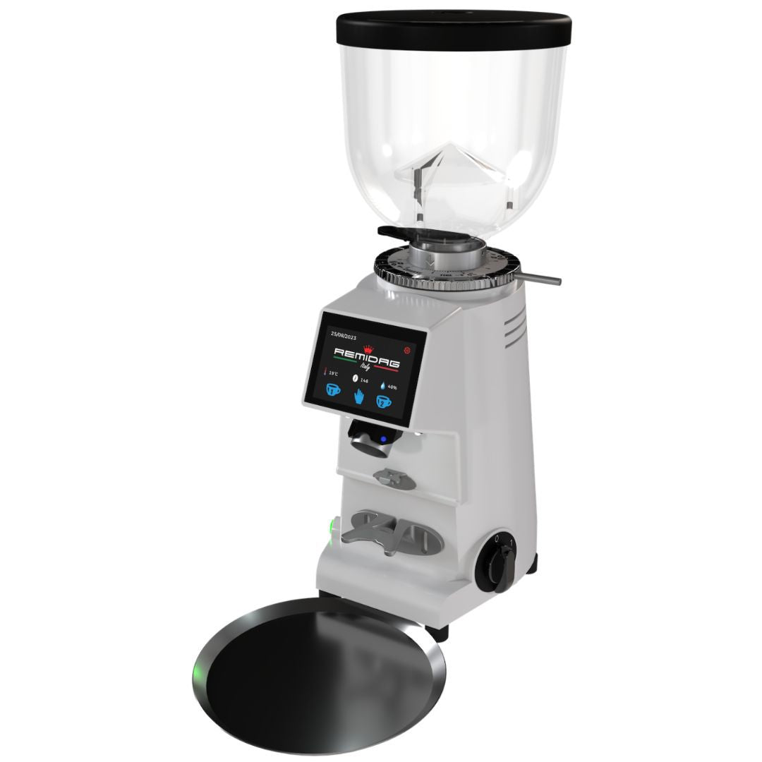 مطحنة قهوة احترافية Remidag ON DEMAND mst 64P EV تعمل باللمس بالكامل باللون الأبيض