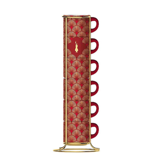 Set of 6 90 ml porcelain espresso cups with metal stand BIALETTI Red Deco Glamour